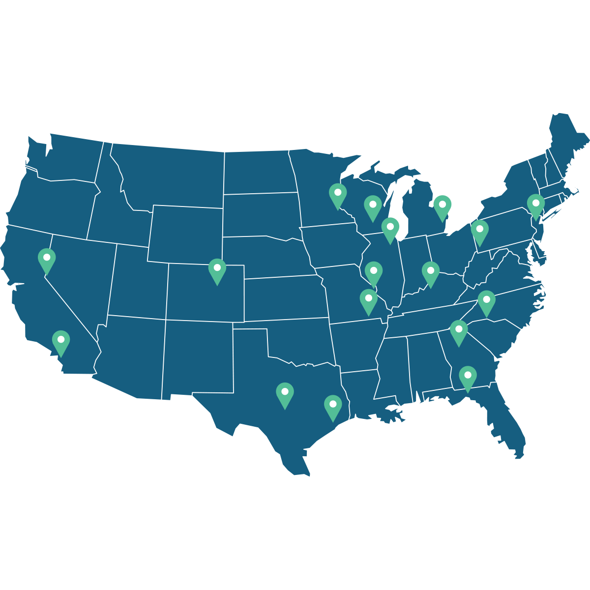 Map of the United States showing Fulfill Engine's 18 production facility locations